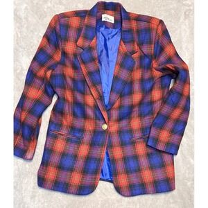 VNTG Katie Brooke Red Blue Plaid Wool Blazer Jacket Women's 12 Made USA Academia